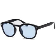 Lentes de sol Louvre con diseño redondo, montura de acetato negro premium y lentes azules sobre fondo blanco.